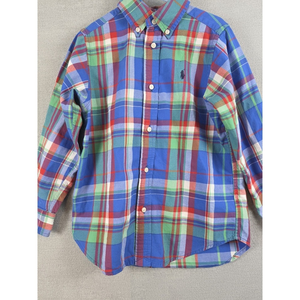 Ralph Lauren Boys 5 Shirt Blue Multi Plaid Oxford Long Sleeve Button Up Preppy